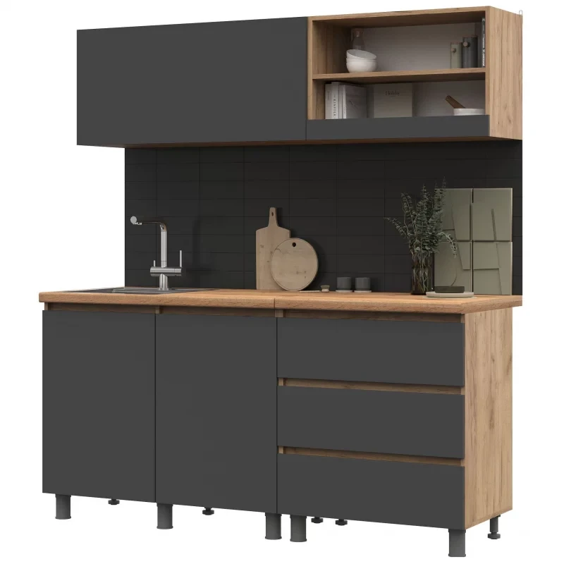 КУХНЯ 1,7 ХЕЛЕН (1,7х1,898х0,6)Фасад ГРАФИТ/Корпус ДУБ КРАФТ ЗОЛОТО