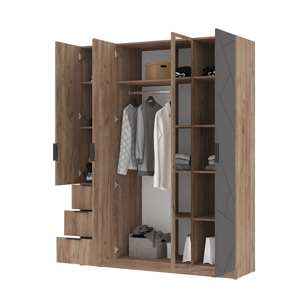 ОРЕГОН ШК 04 Шкаф 4х-створчатый (1600х2100х500)Фасад МДФ АСФАЛЬТ СУПЕРМАТ,ДУБ КРАФТ ТАБАЧНЫЙ/Корпус 