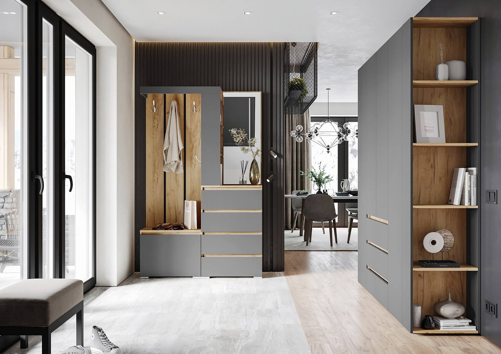 ХЕЛЕН ШК 01 Шкаф 2х створчатый(0,800х2,100х0,460)Фасад СЕРЫЙ ГРАФИТ 0162/Корпус ДУБ КРАФТ ЗОЛОТО