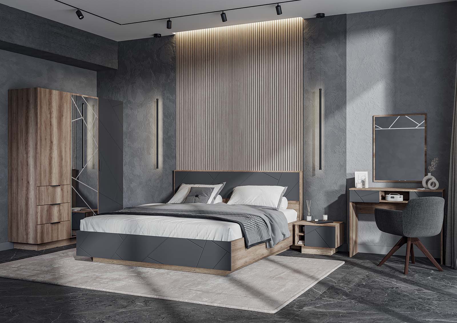 ДАЛЛАС КР 03 Кровать 1,4х2,0 (1468х986х2090) ФАСАД МДФ СОФТ ГРАФИТ/КОРПУС ДУБ КАНЬОН