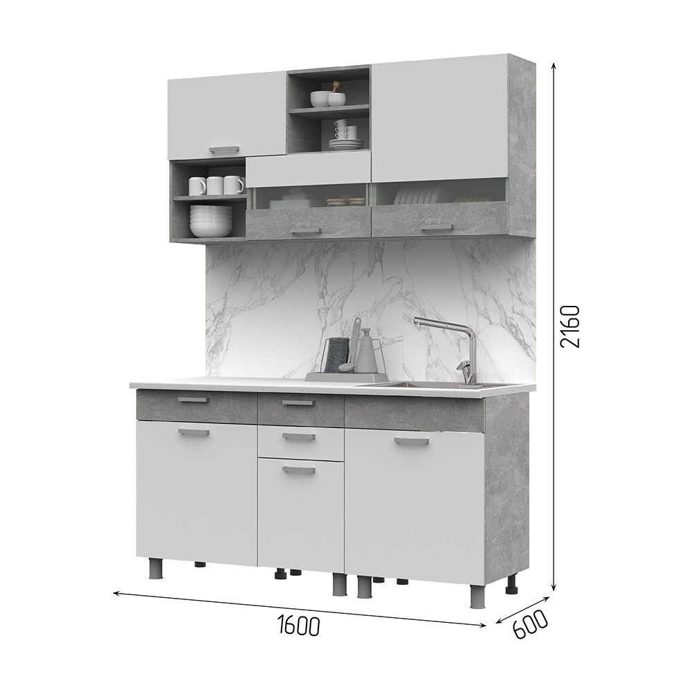 ДЕНВЕР КУХНЯ 1,6 (1600х2160х600)ФАСАД БЕЛЫЙ/КОРПУС АТЕЛЬЕ СВЕТЛЫЙ