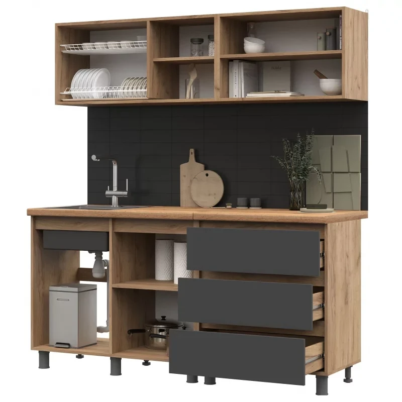 КУХНЯ 1,7 ХЕЛЕН (1,7х1,898х0,6)Фасад ГРАФИТ/Корпус ДУБ КРАФТ ЗОЛОТО