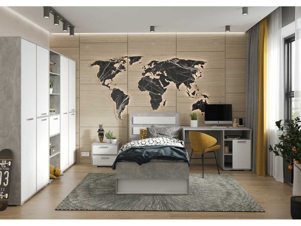 ДЕНВЕР КР 01 Кровать 0,9х2,0 (970х986х2110) Фасад БЕЛЫЙ/Корпус АТЕЛЬЕ СВЕТЛЫЙ