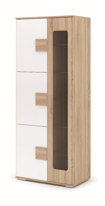 Гостиная АФИНА  ШК 113 шкаф-витрина (0,8х1,976х0,465) фасад МДФ БЕЛЫЙ ГЛЯНЕЦ_СОНОМА/корпус СОНОМА