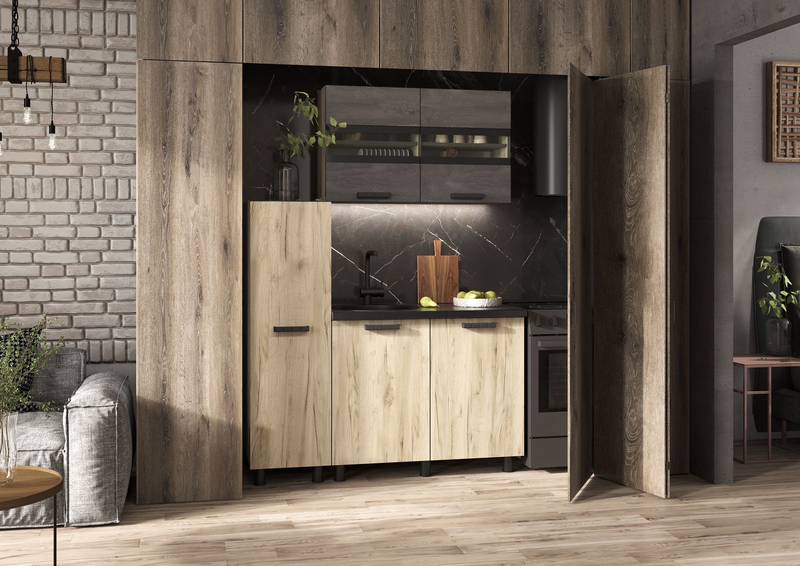 ЭДИНБУРГ Кухня с пеналом 1.4  (1350*2160*600)Фасад ЖЕЛЕЗНЫЙ КАМЕНЬ/Корпус ДУБ КРАФТ СЕРЫЙ