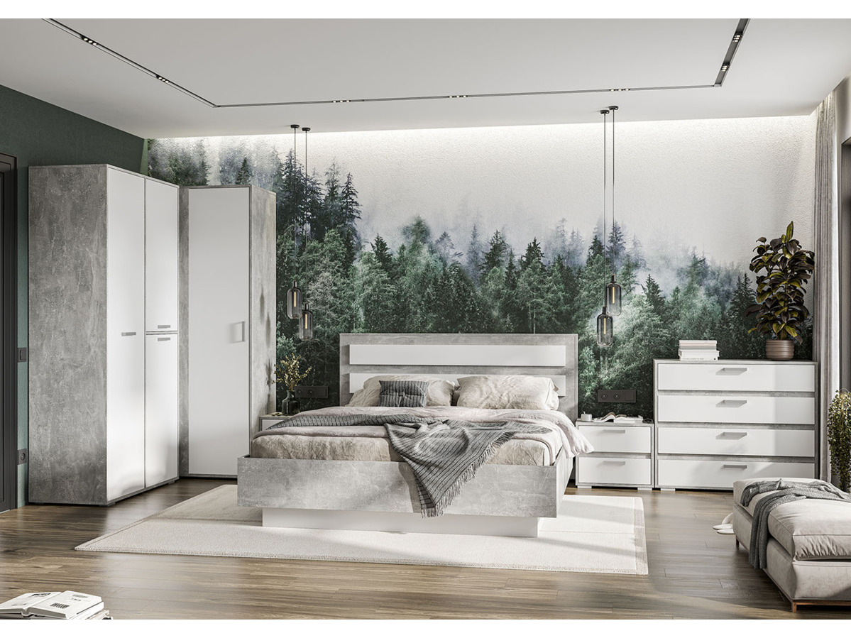 ДЕНВЕР КР 02 Кровать 1,6х2,0 (1672х990х2100) Фасад БЕЛЫЙ/Корпус АТЕЛЬЕ СВЕТЛЫЙ