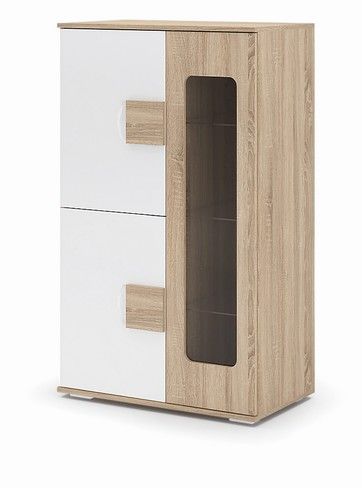 Гостиная АФИНА  ШК 114 шкаф-витрина (0,8х1,336х0,465) фасад МДФ БЕЛЫЙ ГЛЯНЕЦ_СОНОМА/корпус СОНОМА