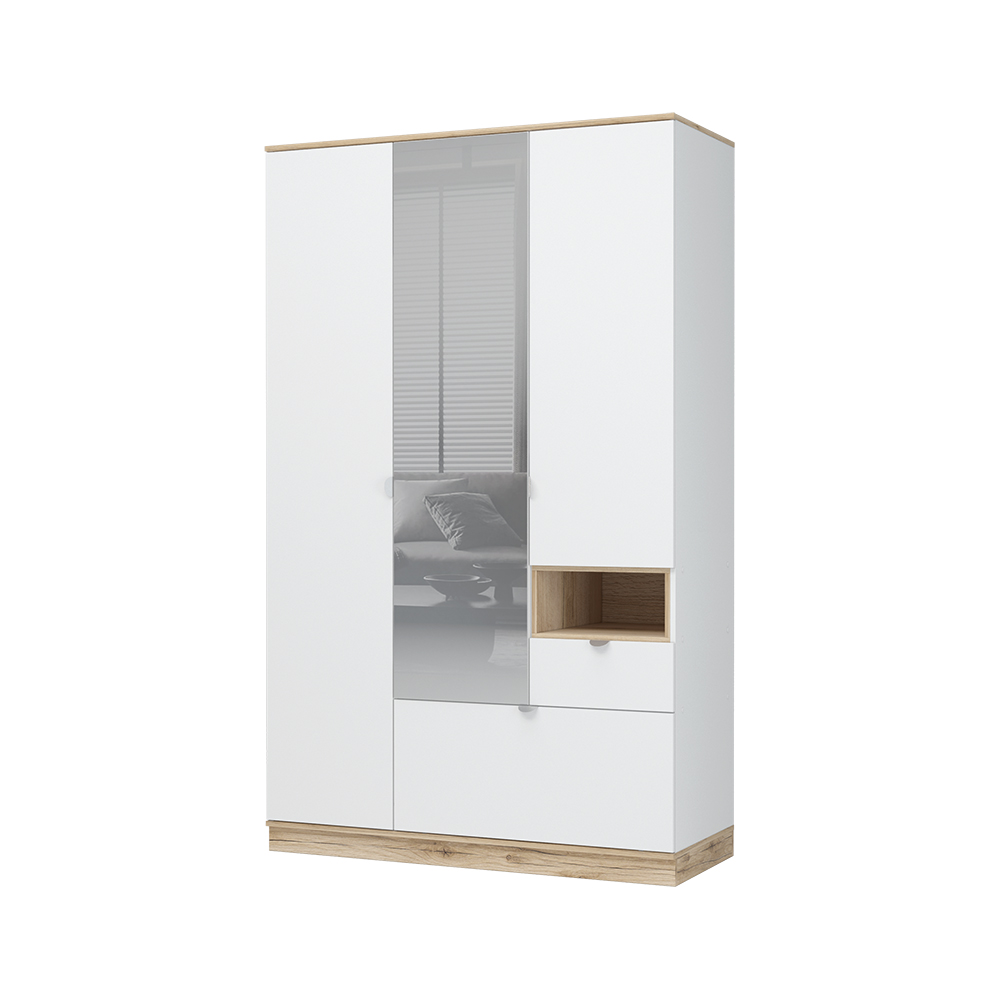 ЮККИ ШК 1Я 1350 Шкаф 3х створчатый с зеркалом Фасад БЕЛЫЙ/Корпус ДУБ ДЕЛАНО