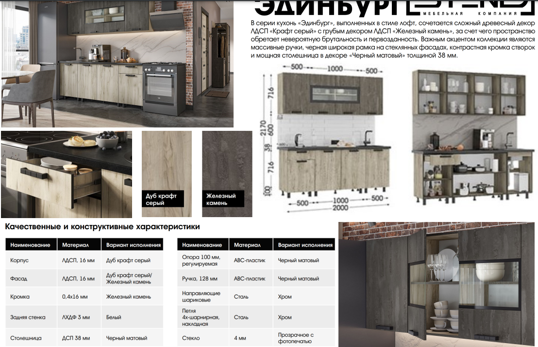 ЭДИНБУРГ Кухня 1.8  (1800х2160х600)Фасад ЖЕЛЕЗНЫЙ КАМЕНЬ/Корпус ДУБ КРАФТ СЕРЫЙ