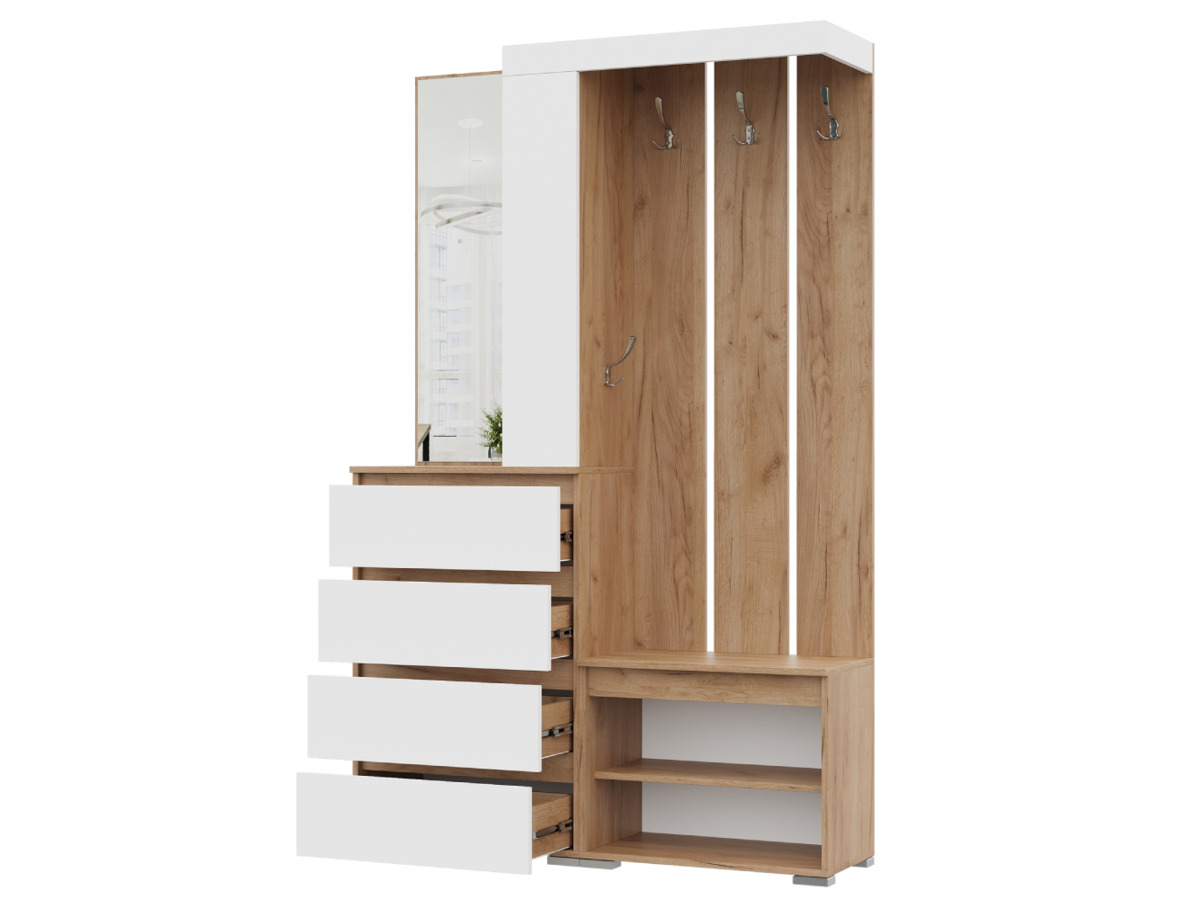 ХЕЛЕН ПР-01 Прихожая (1,260х1,980х0,353) ФАСАД БЕЛЫЙ/ КОРПУС ДУБ КРАФТ ЗОЛОТО