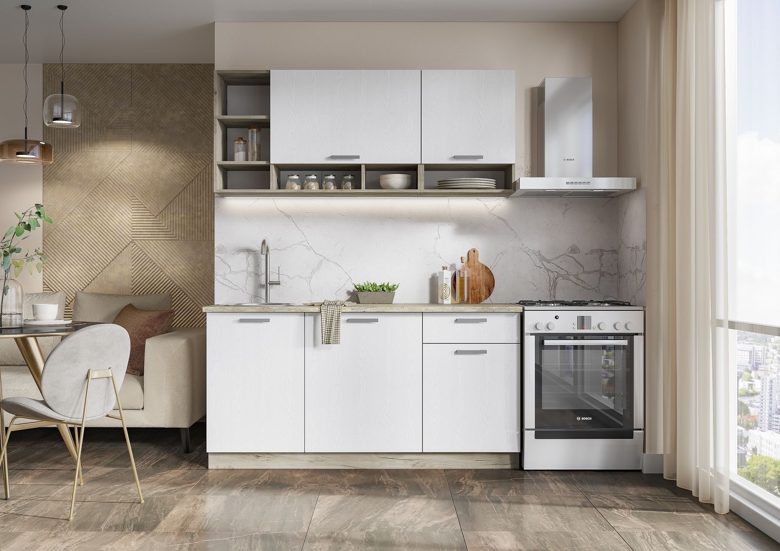 РИЦА Кухня 1,6 (1,600Х2,000Х0,600)Фасад БЕЛЫЙ/Корпус ДУБ КРАФТ СЕРЫЙ