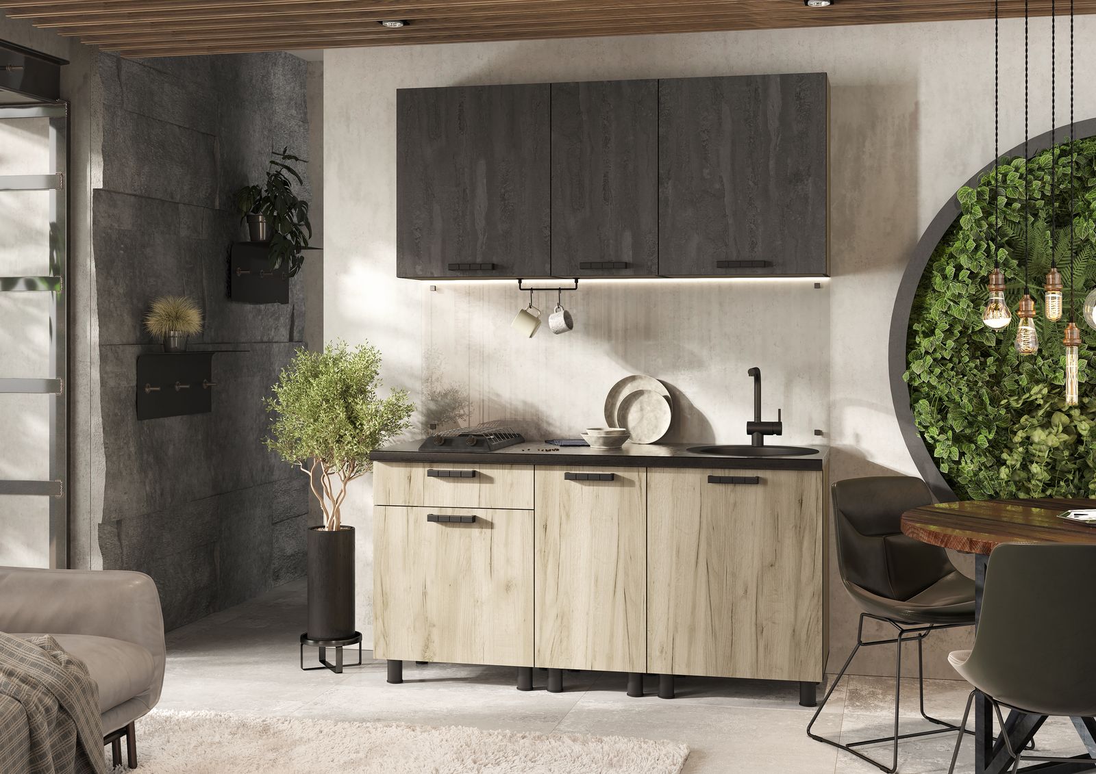 ЭДИНБУРГ Кухня 1.6  (1600х2160х600)Фасад ЖЕЛЕЗНЫЙ КАМЕНЬ/Корпус ДУБ КРАФТ СЕРЫЙ