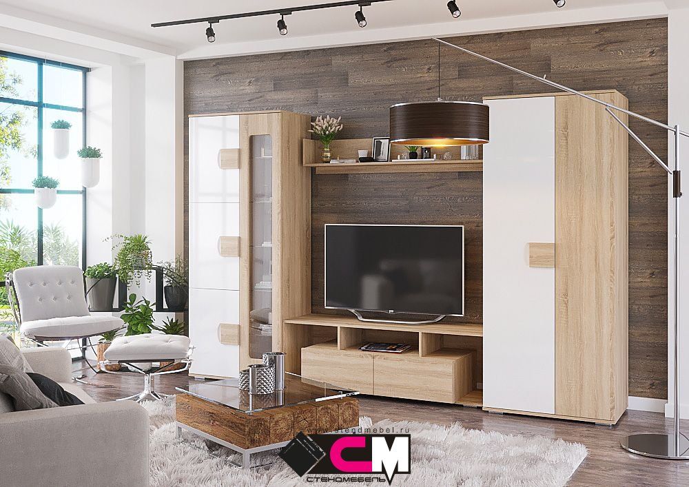 Гостиная АФИНА  ШК 111 шкаф 2-х створчатый (0,8х1,976х0,53) фасад МДФ БЕЛЫЙ ГЛЯНЕЦ_СОНОМА/корпус СОН