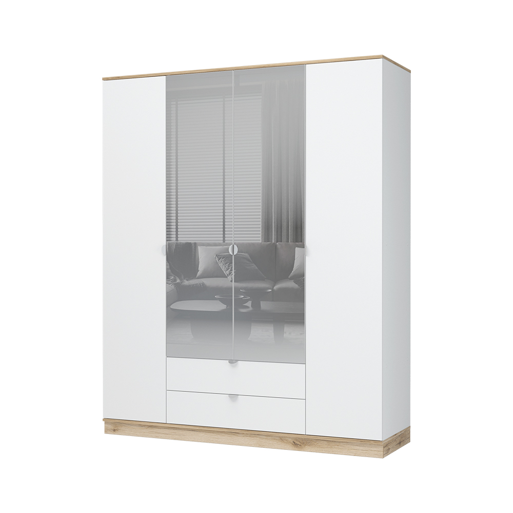 ЮККИ ШК 2Я 1800 Шкаф 4х створчатый с зеркалом Фасад БЕЛЫЙ/Корпус ДУБ ДЕЛАНО