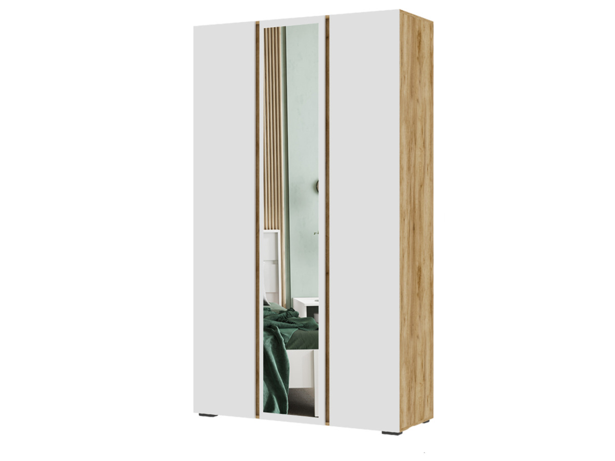 ХЕЛЕН ШК 02 Шкаф 3х створчатый с зеркалом (1,200х2,100х0,460)ФАСАД БЕЛЫЙ/КОРПУС ДУБ КРАФТ ЗОЛОТО