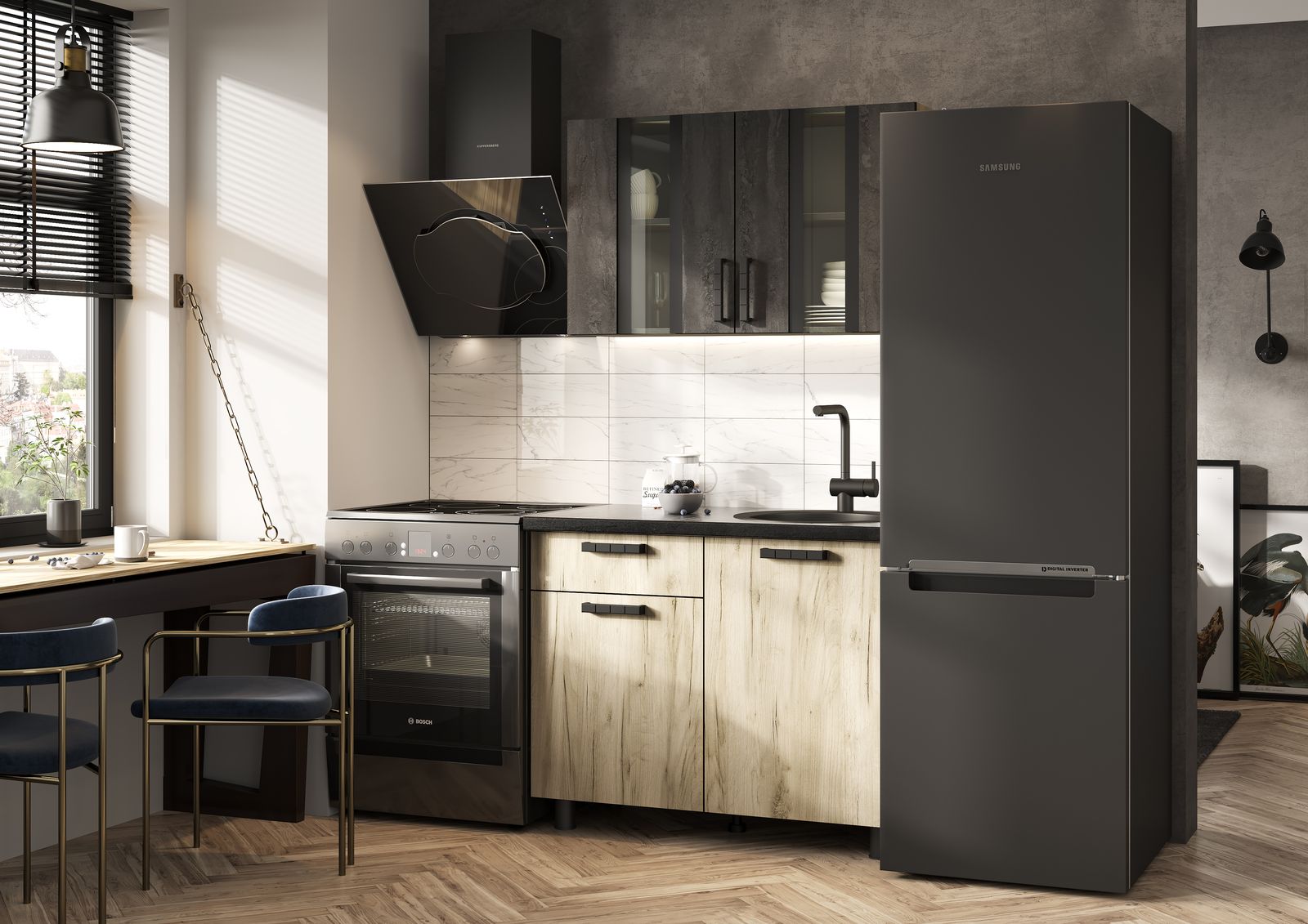 ЭДИНБУРГ Кухня 1.0  (1000*2160*600) Фасад ЖЕЛЕЗНЫЙ КАМЕНЬ/Корпус ДУБ КРАФТ СЕРЫЙ