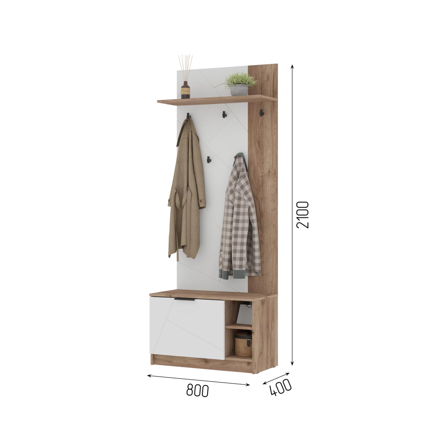 ОРЕГОН ПР 01 Прихожая (800х2100х400)Фасад МДФ БЕЛЫЙ СУПЕРМАТ/Корпус ДУБ КРАФТ ТАБАЧНЫЙ