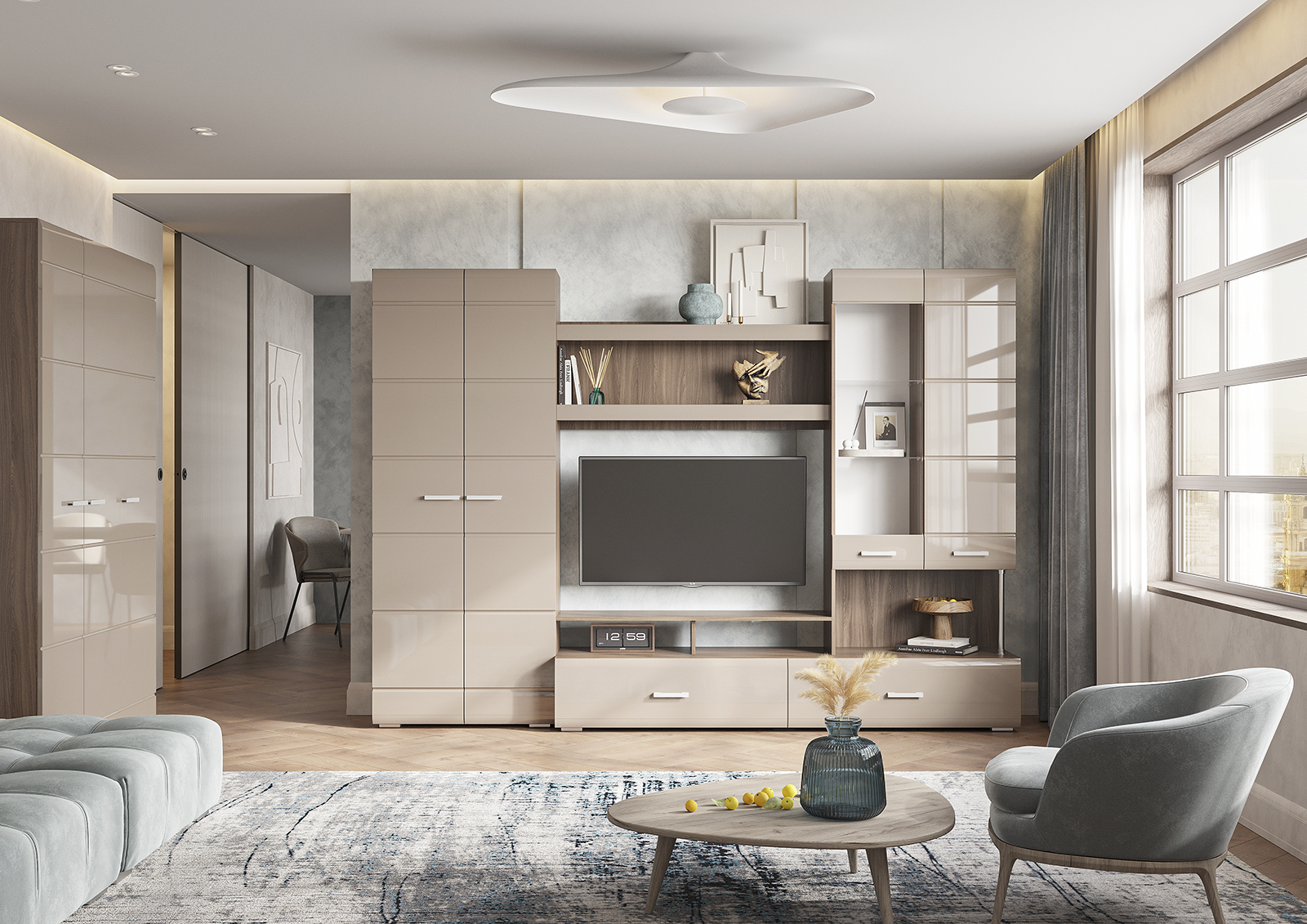 Гостиная ВЕГАС 1 (2,8х2,0х0,442 /ТВ 1,2х0,88х0,33) фасад МДФ КОФЕ С МОЛОКОМ/корпус ШИМО ТЕМН