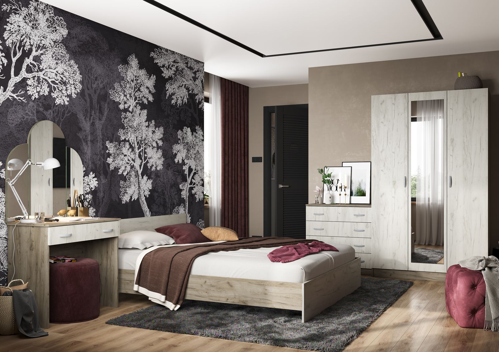 Спальня БАСЯ КР 557 кровать (1,452х0,7х2,032) фасад ДУБ КРАФТ БЕЛЫЙ/корпус ДУБ КРАФТ СЕРЫЙ СНЯТО