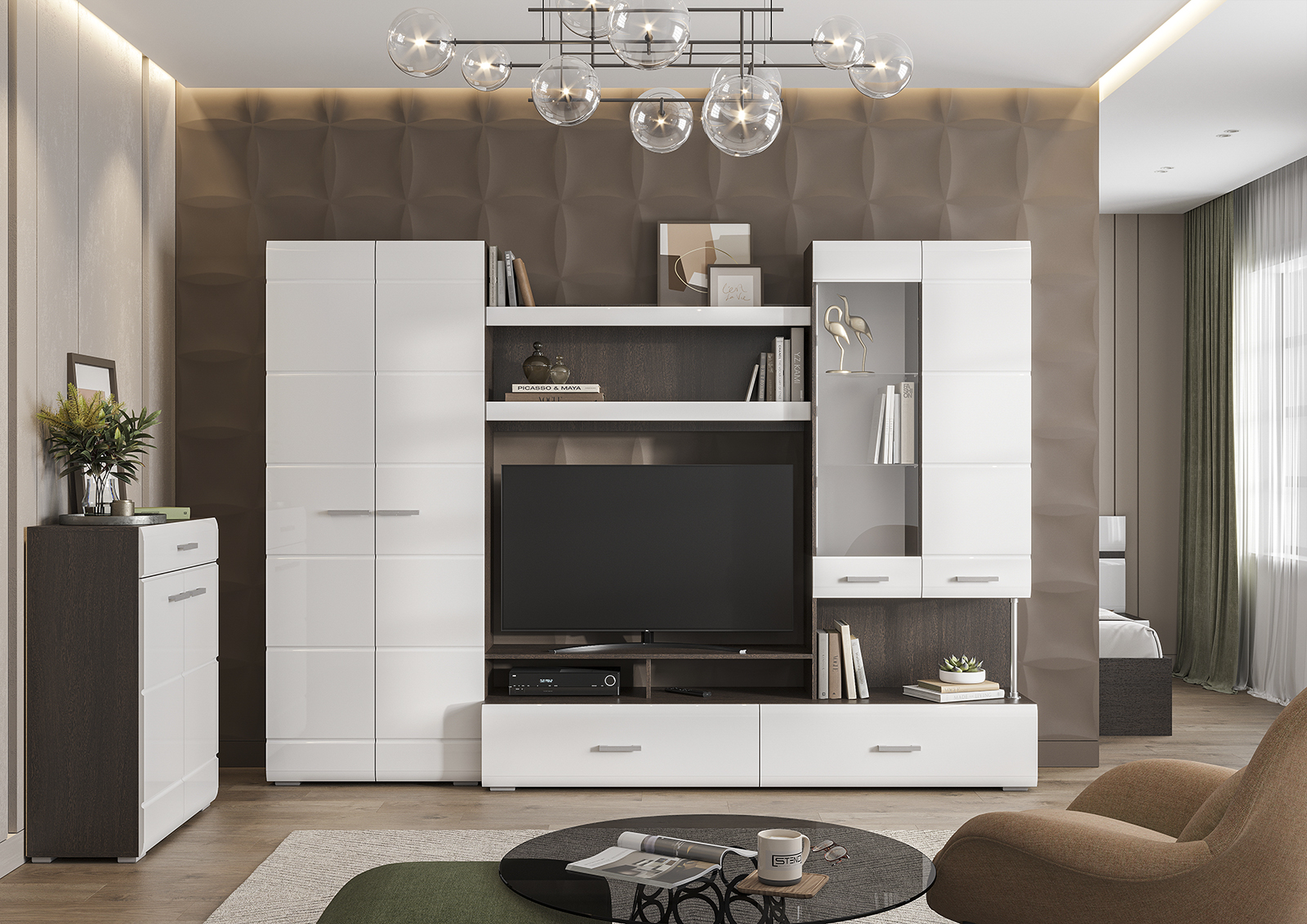 Гостиная ВЕГАС 1 (2,8х2,0х0,442 /ТВ 1,2х0,88х0,33) фасад МДФ БЕЛЫЙ ГЛЯНЕЦ/корпус ВЕНГЕ