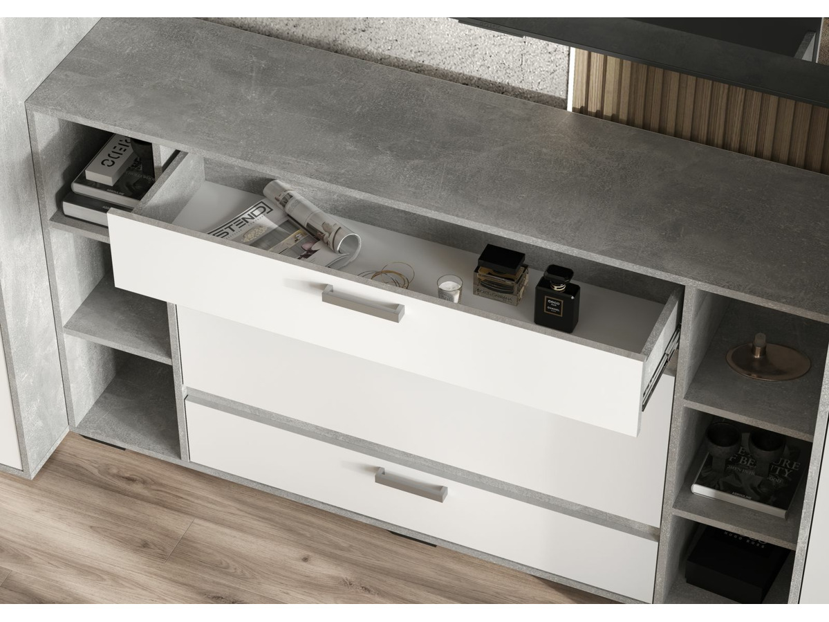 ДЕНВЕР КМ 02 Комод (1500х836х354) Фасад БЕЛЫЙ/Корпус АТЕЛЬЕ СВЕТЛЫЙ