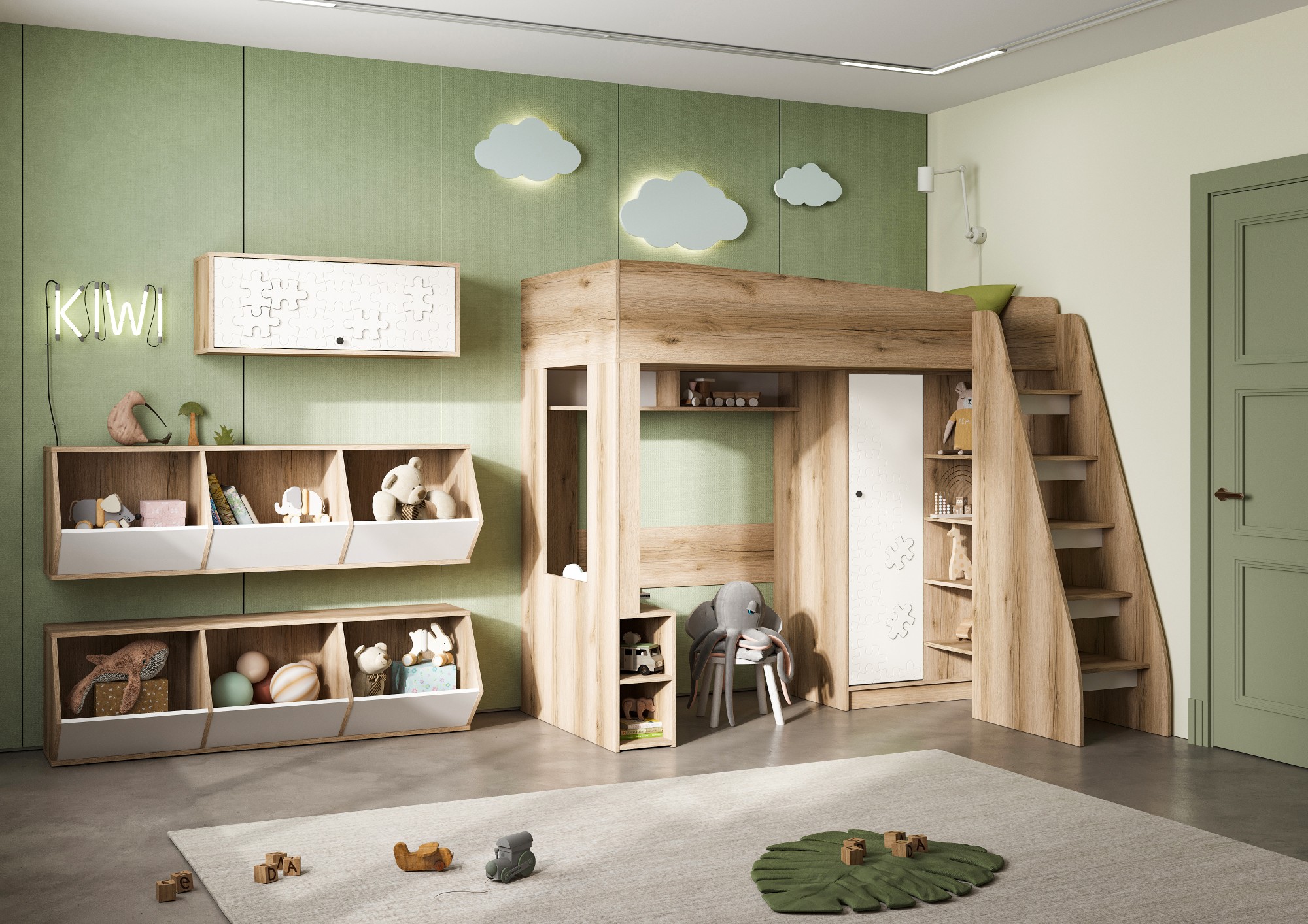 КИВИ КР-02 Кровать-чердак (1990х1755х1580)Фасад МДФ СУПЕРМАТ БЕЛЫЙ/Корпус ДУБ ДЕЛАНО