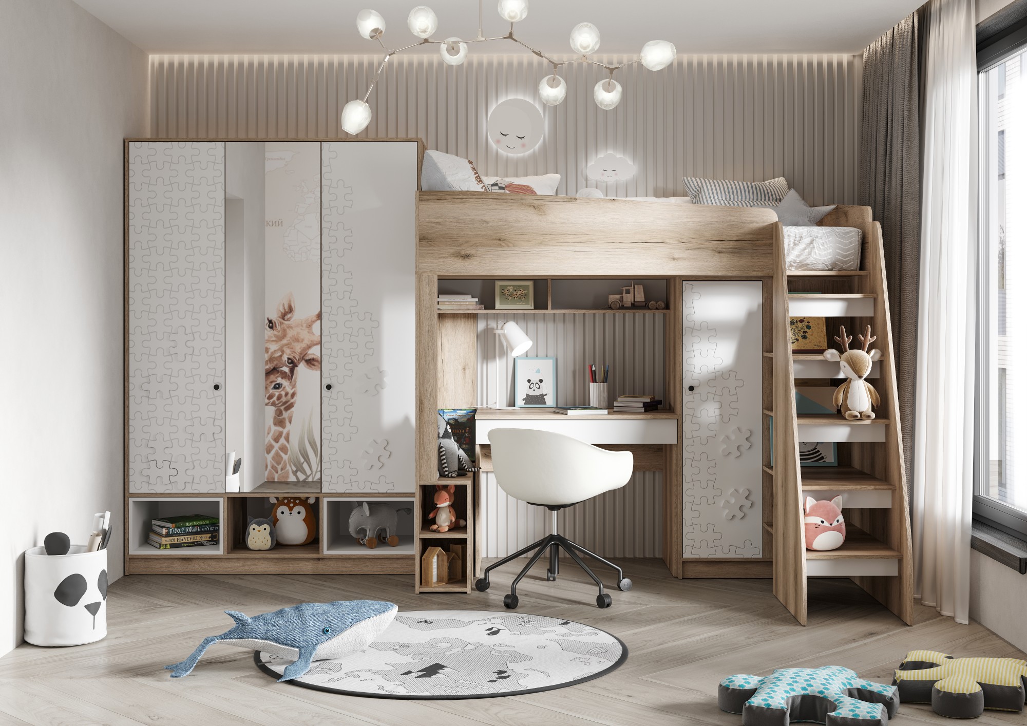 КИВИ ШК-05 Шкаф 2ств (934х1296х500)Фасад МДФ СУПЕРМАТ БЕЛЫЙ/Корпус ДУБ ДЕЛАНО СНЯТО