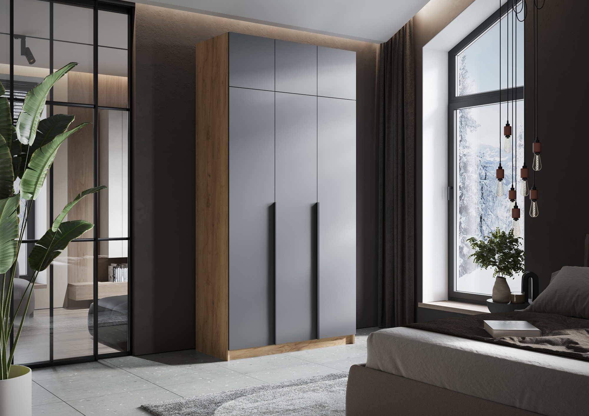 ЛИОН ШК-02 Шкаф 3-х створчатый Фасад ГРАФИТ СЕРЫЙ/Корпус ДУБ КРАФТ ЗОЛОТО