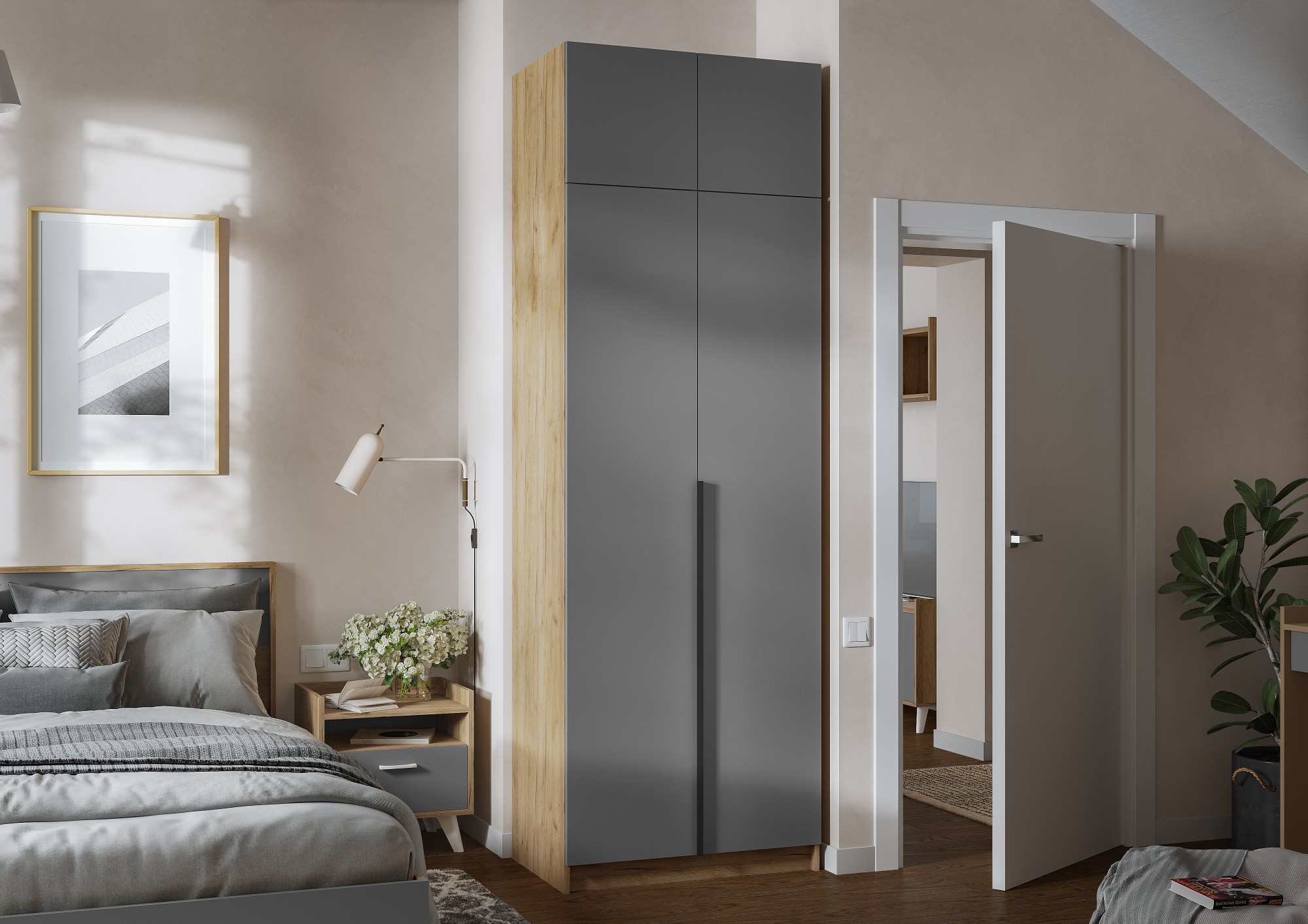 ЛИОН ШК-01 Шкаф 2-х створчатый Фасад ГРАФИТ СЕРЫЙ/Корпус ДУБ КРАФТ ЗОЛОТО