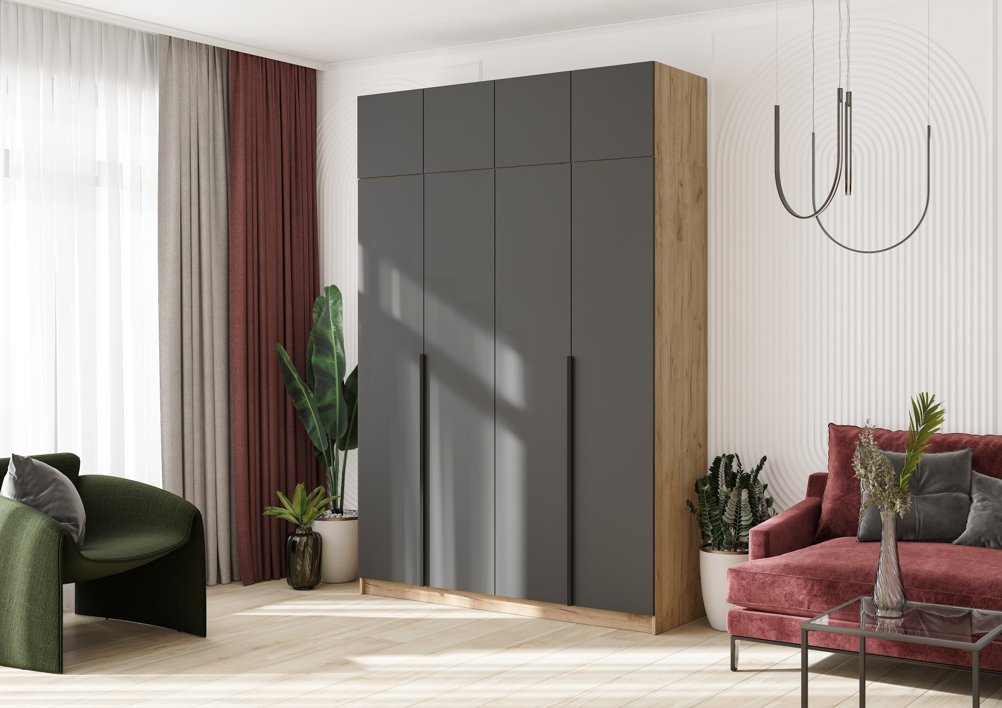 ЛИОН ШК-03 Шкаф 4-х створчатый Фасад ГРАФИТ СЕРЫЙ/Корпус ДУБ КРАФТ ЗОЛОТО